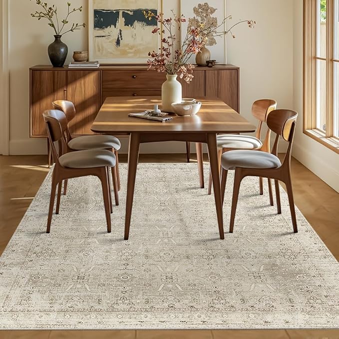Rugxara Beige Area Rugs 5x7 Washable Soft Rug for Living Room Bedroom | Non Slip, Rug for Dining Room Dorm Office Farmhouse, Stain Resistant, Vintage Boho Carpet, Low Pile, Home Decor