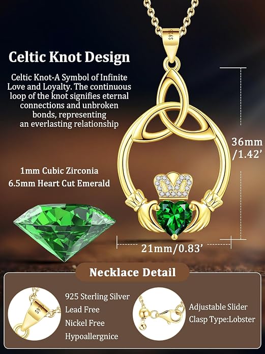 Gift Birthstone Necklaces for Women 925 Sterling Silver Irish Claddagh Necklace for Women Heart Birthstone Pendant Necklace Anniversary Birthday Gifts for Wife Lady Cable Chain 18"+2"