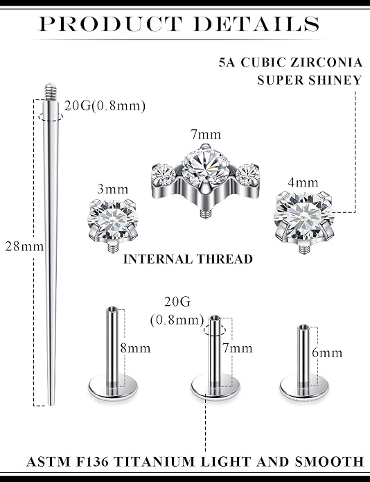 20G 18G 16G Astm F136 Titanium Internal Thread Flat Back Earrings Nose Studs Tragus Forward Helix Conch Cartilage Lobe Earring Stud Medusa Labret Monroe Lip Ring Piercing Jewelry For Women Men