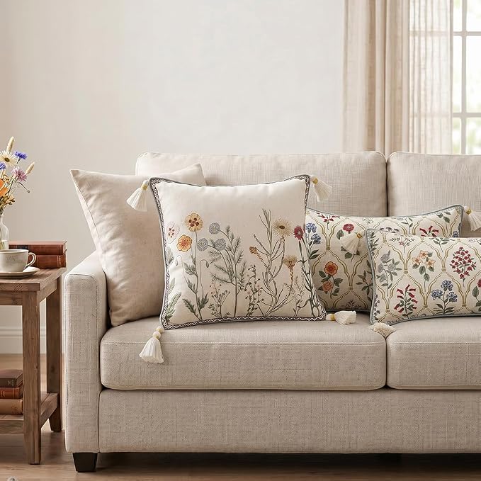 ISAENNE Designer Vintage Linen Throw Pillow Cover,18"x18"-Serenity D | French French Elegant Square Decor Pillow Cover,Concealed Zipper Design,Light Beige,Sofa,Bedroom,Living Room,Chairs