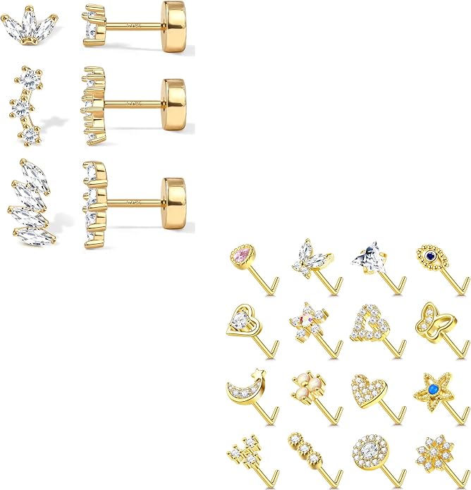 YADOCA 3 Pairs Hypoallergenic Sterling Silver Earrings 16Pcs Surgical Steel Gold Nose Rings Studs For Women