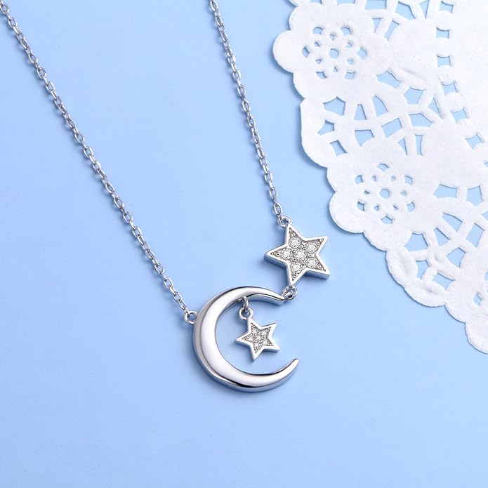 Ladytree 925 Sterling Silver Jewelry Crescent Moon and Star Pendant Necklace