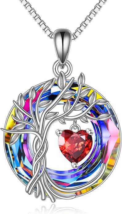 POPLYKE Mothers Day Gifts for Mom Her Wife Tree of Life Necklace 925 Sterling Silver Birthstone Pendant with Crystal Anniversary Birthday Wedding Jewelry for Women
