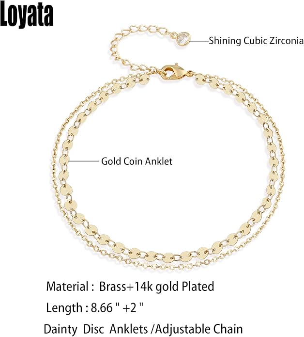 LOYATA Dainty Ankle Bracelet,14K Gold Plated Tiny Bead Anklet Dainty White Cubic Zirconia Cross Tassel Foot Chain Cute Lucky Moon Evil Eye Foot Jewelry Boho Anklets for Women