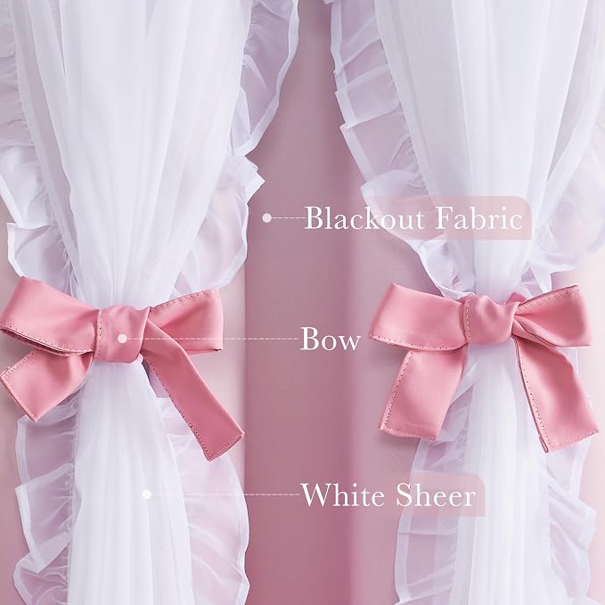 PONY DANCE Ruffle Curtains Double Layers Sheer Overlay Shabby Chic Decoration for Bedroom/Nusery, Gradient Window Covering with Tiebacks, 52" Wide x 84" Long, Ombre-Pink, 2 Panels
