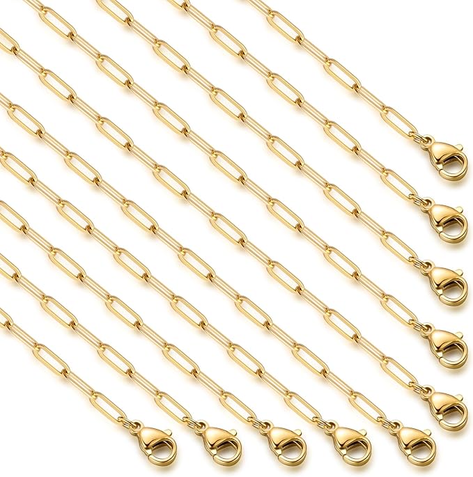 Cadikez 10PCS Gold Paperclip Chains Necklace Bulk 3MM 20 Inches 18K Gold PVD Plated Stainless Steel Finished Paperclip Link Chain Bulk forJewelry Making