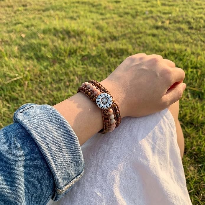 YGLINE Boho Handmade Natural Stone Bead 3 Row Wide Wrap Wrist Statment Bracelet Jewelry Collection