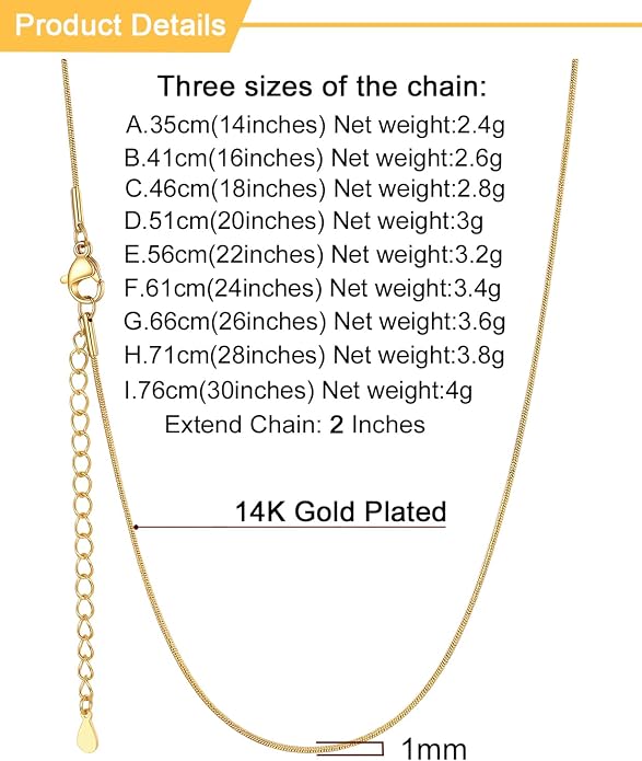 U7 Snake Necklace for Women 14K Gold Plated/Silver/Rose Gold/Black Chain Necklace Hypoallergenic, Stainless Steel Tiny Snake Chain Necklace 1/1.2/1.5/2MM, 14-30" Adjustable Minimalist Gift