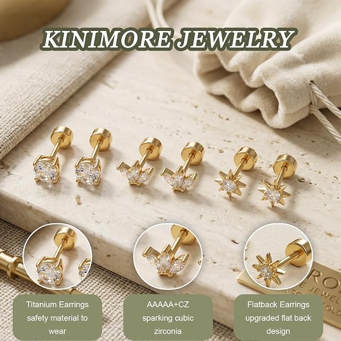 3 Pairs 20G Flat Back Earrings, G23 Titanium Hypoallergenic CZ Studs, 14K Gold Cartilage Helix Tragus Conch Piercing Jewelry for Women