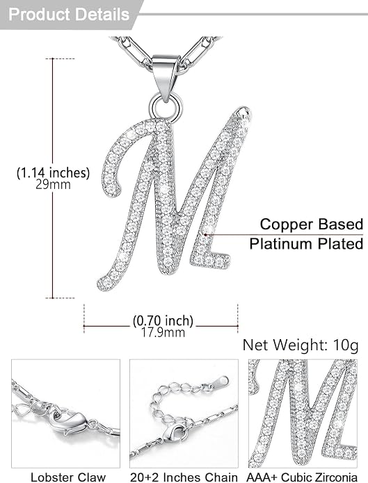 U7 Initial Necklace for Women, Gold/Platinum Plated CZ Crystal Letter A-Z Pendant Necklace, Shiny 20 Inch Name Chain Dainty Personalized Jewelry for Men Mom Wife Friend