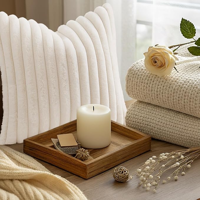 decorUhome Fall Faux Fur Throw Pillow Covers 16x16 Set of 2 Cream White | Decorative Soft Cozy Striped Plush Modern Farmhouse Boho Couch Pillow Cases Velvet Back for Sofa Bed Living Room Home Decor