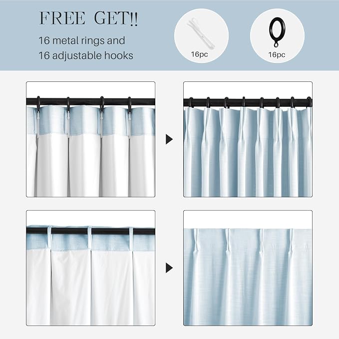 AUSSPVOCT Pinch Pleated Curtains 100% Blackout Linen Curtains 90 Inches Long for Bedroom Living Room, Blue Memory Trained Thermal Insulated Room Darkening Window Drapes with Hooks 2 Panels 40" Wx90 L