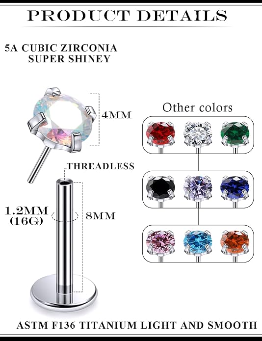 20G 18G 16G Astm F136 Titanium Threadless Flat Back Earrings Nose Studs Tragus Helix Conch Cartilage Lobe Earrings Medusa Labret Snake Bite Monroe Lip Ring Piercing Jewelry For Women Men
