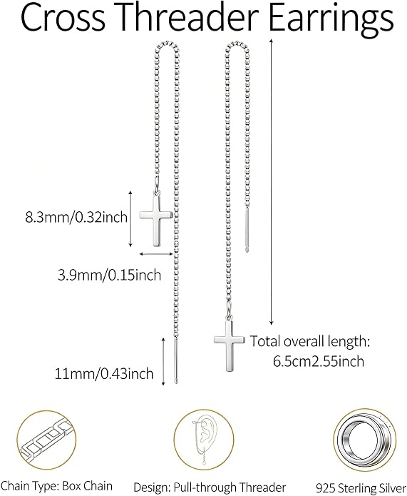 Cross Threader Earrings for Women 925 Sterling Silver Dainty Long Chain Ear Line 14K Gold Plated Elegant Cross Faith Dangle Tassel Earrings Hypoallergenic Drop Stud Christian Wedding Jewelry Gift