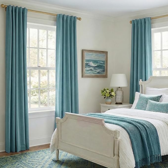 INOVADAY 100% Blackout Curtains 90 Inches Length 2 Panels Set, Back Tab/Rod Pocket Linen Black Out Curtains for Bedroom, Thermal Insulated Window Drapes - Teal, W50 X L90