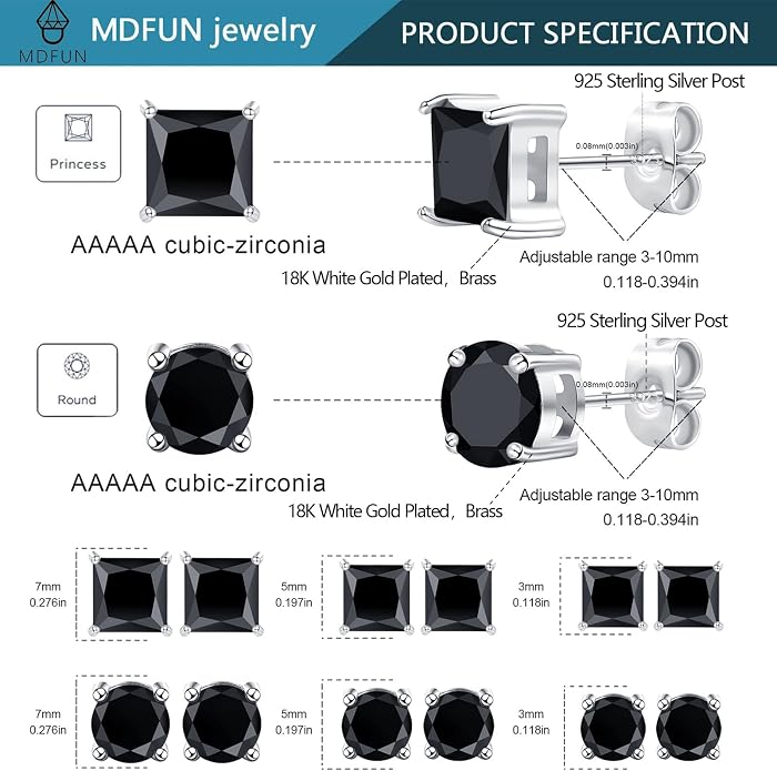 MDFUN 6 Pairs Stud Earrings Set 3mm/5mm/7mm Princess & Round Cubic Zirconia Earrings Hypoallergenic 316L Surgical Stainless Steel CZ Earrings for Women Men