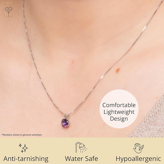 MAX + STONE Cushion Cut Gemstone Necklace | 8mm Solitaire Birthstone Necklace for Women | Gemstone Pendant Necklaces with 18 inch Box Chain