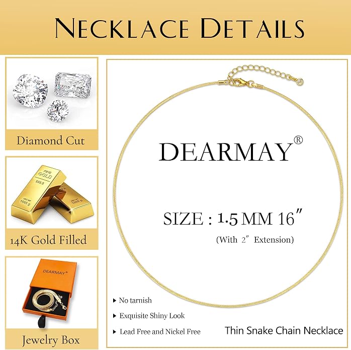 DEARMAY 14K Gold Plated Herringbone Necklaces for Women, Dainty Gold Snake Choker Chain Non Tarnish Trendy Simple Thin & Chunky Options Neckalce 1.5/3/5/6/8mm Chain Jewelry for Gifts