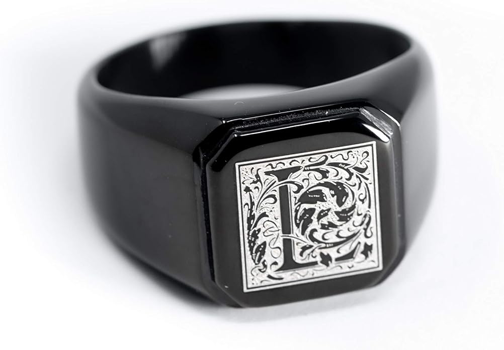 Jewelry | Stainless Steel Letter Alphabet Initial Ring | Square Flat Top Ring for Men & Women | Stainless Steel Jewelry, (Black, Gold, Silver), Size 7-16