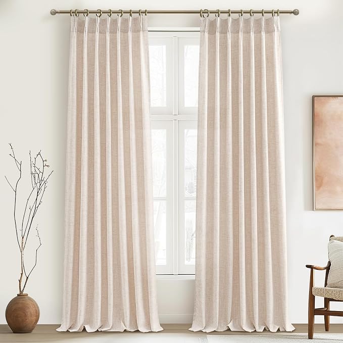 Pinch Pleat Linen Sheer Curtains 90 Inches Long for Living Room, Elegant Boho Thick Burlap Pleated Memory Trained Viral Curtain Kid Room/Office 2 Panel Set Light Filtering Privacy 90 Inch Length Taupe