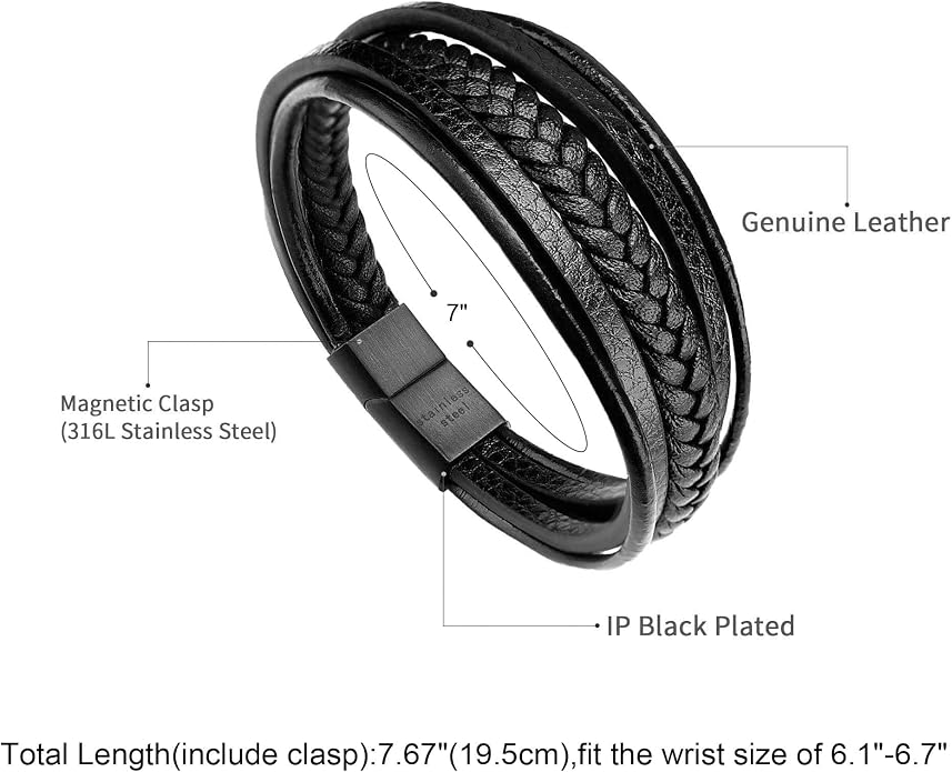murtoo Mens Leather Bracelet with Clasp Cowhide Multi-Layer Braided Leather Mens Bracelet