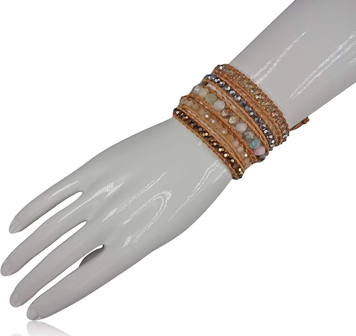 MGR MY GEMS ROCK! 35-Inch Long Multi-Layer Hand Crafted Gemstone and Crystal Multi-Stone Beaded on Genuine Leather Boho Style Stackable Super Wrap Bracelet, up to 5 Wraps.