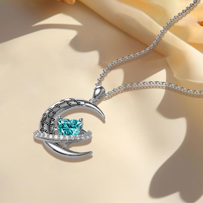 Distance I Love You to The Moon and Back Necklace for Women, S925 Sterling Silver Forever Love Heart Birthstone Necklace, Anniversary Birthday Jewelry for Wife Lover