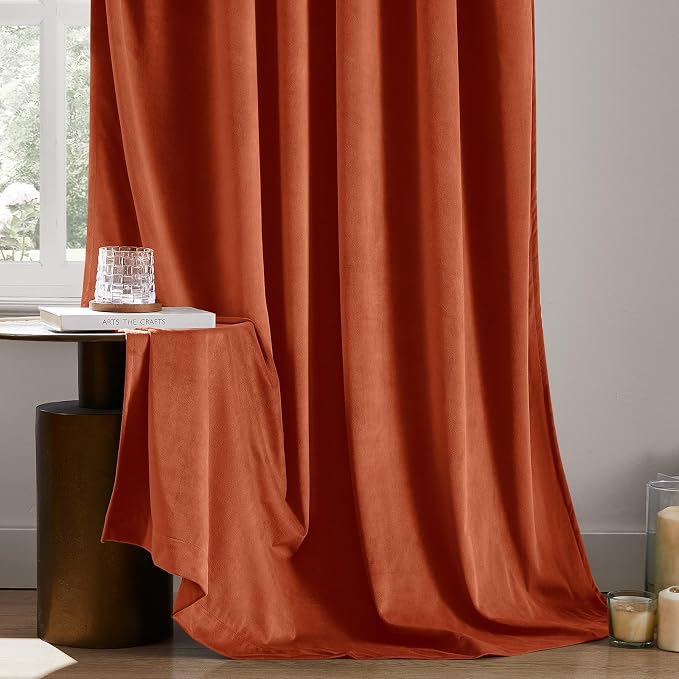 HOMEIDEAS 100% Blackout Burnt Orange Velvet Curtains, Thermal Noise Reduction Luxury Vintage Christmas Velvet Curtains for Bedroom Decor, Living Room, Home, 52 X 96 Inch, 2 Panels