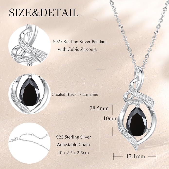 FANCIME Teardrop Birthstone Necklace for Women S925 Sterling Silver Elegant Ribbon Pendent Necklace Birthday Jewelry Gifts for Mom Wife Her, 16"+2" Inches