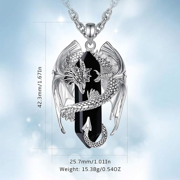 INFUSEU Unique Dragon Necklaces with Healing Crystal Stone for Men Women, Personalized Spiritual Gifts, 24 Inch Chain