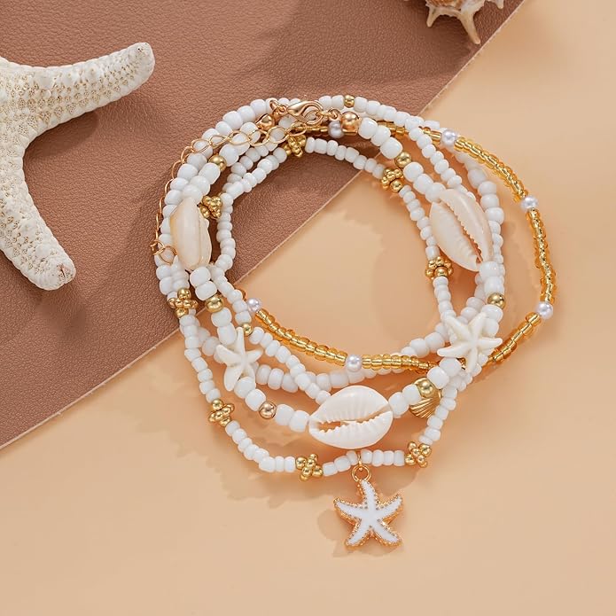 Boho Shell Ankle Bracelet Set for Women, 5 Pairs 14K Boho Bead Handmade Adjustable Anklet, Hawaiian Beach Seashell Starfish Foot Jewelry Gifts