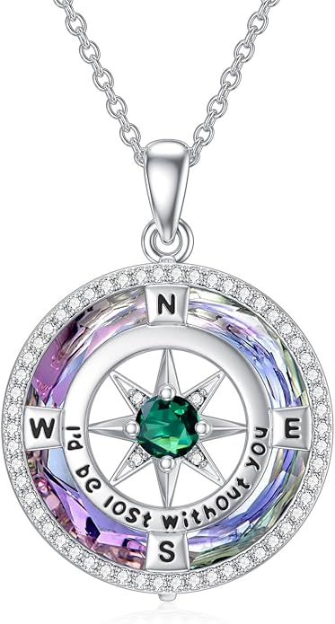 TOUPOP Necklace Gifts for Wife Compass Jewelry Women Anniversary Girlfriend Birthday Gift for Her Valentines I'd be Lost without You Sterling Silver Birthstone Necklaces