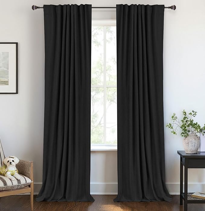 100% Blackout Shield Linen Blackout Curtains for Bedroom 90 Inches Long, Back Tab/Rod Pocket Living Room Drapes, Thermal Insulated Blackout Curtains 2 Panels Set, 42" W x 90" L, Black