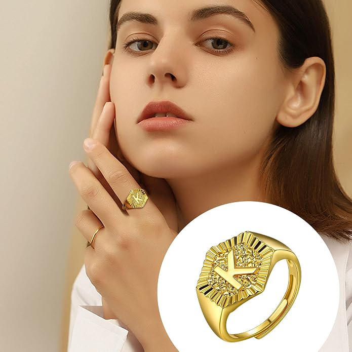 U7 Initial Ring Wedding Band for Men Women 18K Gold Plated Statement Hexagon A-Z Letter Jewelry Personalized Stackable Signet Rings