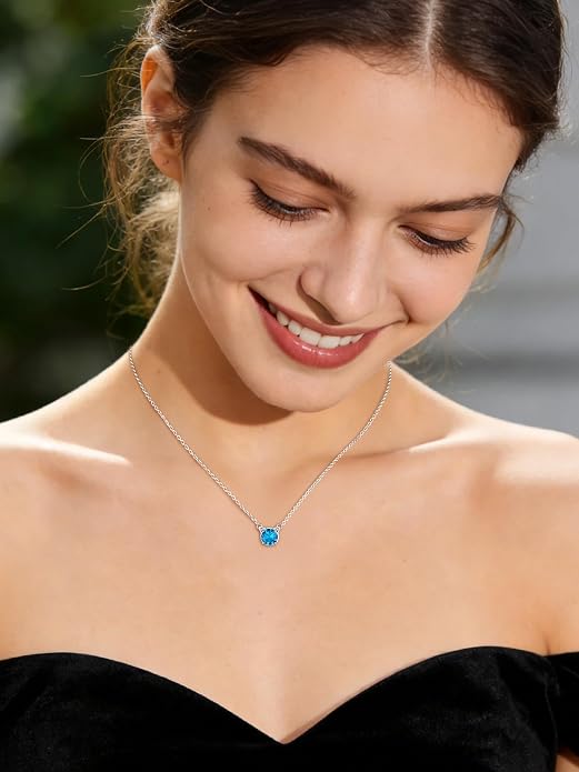 ChicSilver Bow and Cat Birthstone Necklace, 925 Sterling Silver Pendant Necklaces for Women, Hypoallergenic Silver Choker with 16 inch Rolo Chain, 12 Months Jewelry for Valentines Mothers Day Christmas