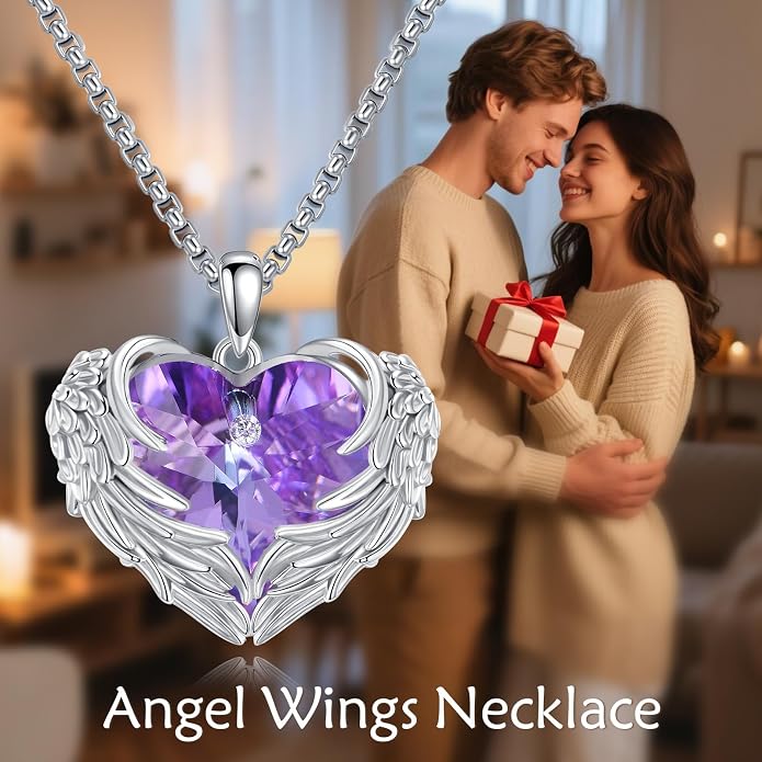 Angel Wings Necklace for Women 925 Sterling Silver Birthstone Guardian Necklace Jewelry Angel Wings Moonstone, Crystal Pendant Jewelry Gifts
