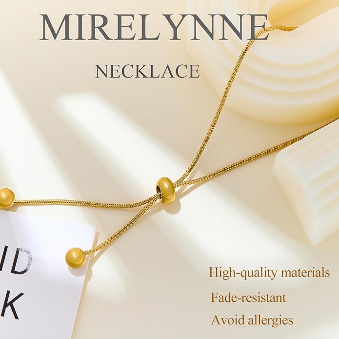 18k Gold Long Necklace for Women Dainty Snake Chain Bolo Adjustable Minimalist Round Bead Jewelry Trendy Simple Aesthetic Gifts for Her