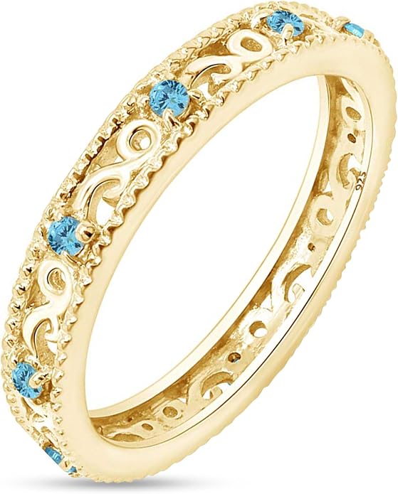 Jewel Zone US Filigree Eternity Wedding Band Ring for Women, Round Cut Simulated Gemstone Stackable Promise Ring in 14K Gold Plated 925 Sterling Silver Band Width 3.5mm – Elegant Jewelry for Her