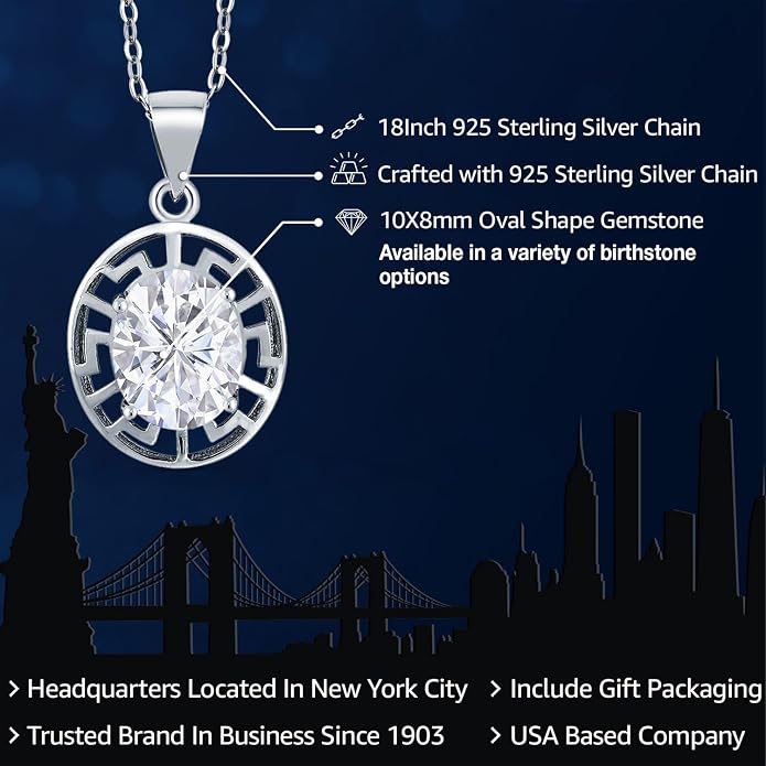 Gem Stone King 925 Sterling Silver 10X8MM Oval Gemstone Birthstone Necklace | Greek Key Pendant Necklace for Women | With 18 Inch Silver Chain