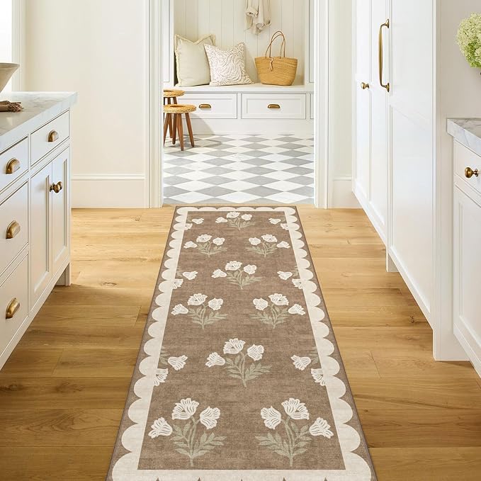 Non Slip Washable Kitchen Runner Rug - 2x6 Tan Floral Hallway Runner Rugs Soft Boho Runners for Hallways Vintage Farmhouse Scalloped Laundry Room Rug Floor Rugs for Bedroom Entryway Bathroom