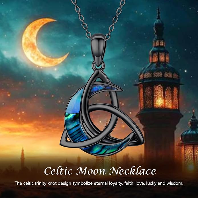 CHENGHONG Celtic Moon Necklace for Women 925 Sterling Silver Celtic Knot Moonstone Pendant Necklace Crescent Irish Necklaces Celtics Jewelry Gift for Women Men