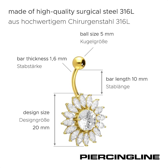 PIERCINGLINE surgical steel belly button piercing SUN - belly button ring surgical steel, gold, silver, rosegold piercing