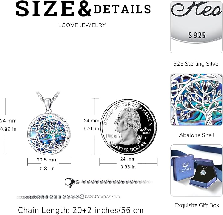 Tree of Life Necklace for Women Sterling Silver Celtic Moon Tree Moonstone Turquoise Pendant Heart Family Tree Necklace for Mother Daughter Sister Gifts