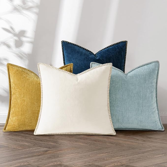 decorUhome Fall Soft Decorative Chenille Throw Pillow Covers 16x16 Set of 4 | Aqua Blue Cozy Decorative Modern Farmhouse Neutral Pillow Cases with Stitched Edge for Couch Sofa Bed Living Room Home Decor