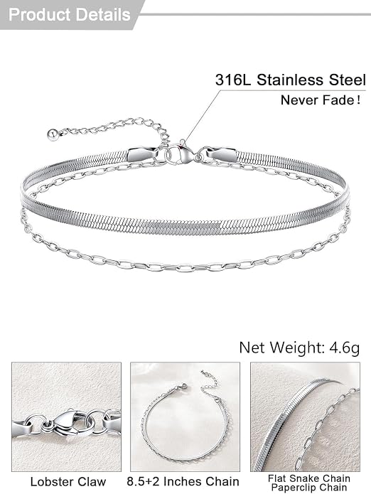 U7 Silver/Gold Ankle Bracelets for Women Layered Chain Anklets Stainless Steel Waterproof Summer Beach Anklet Cham, Adjustable 8.5"-10.5"