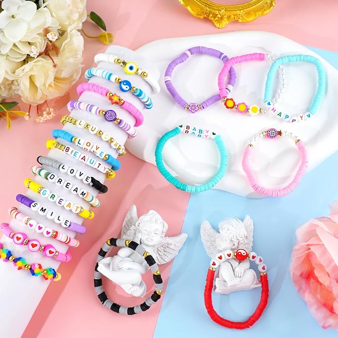 96 Pcs Colorful Friendship Bracelet Set Stackable Beaded Clay Bead Bracelets Surfer Bracelets Heishi Bracelet Friendship Bracelets Boho Y2K Summer Jewelry Set