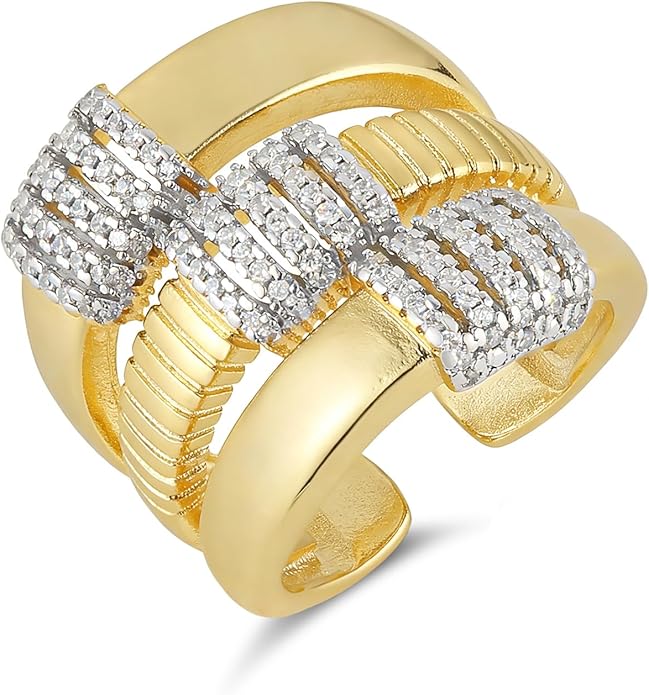 HZMAN 14K Gold Plated Brass Open Ring Collection for Women, Non-Adjustable Crystal Inlay Statement Rings, Wide Band Cocktail Jewelry Assorted Styles