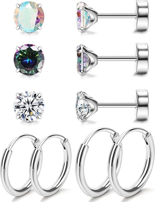MJust Titanium Earrings for Sensitive Ears 20G Hypoallergenic Stud Hoop Earrings for Women Men Opal Ball CZ Heart Pearl Flat Back Earrings Cartilage Earrings Set
