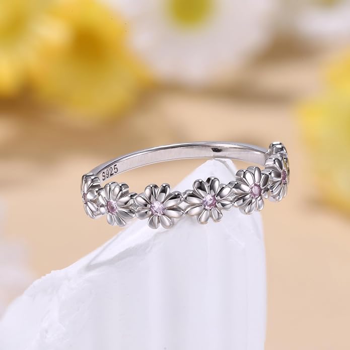 MILACOLATO 925 Sterling Silver Ring for Women, 18K Gold Plated Cubic Zirconia Daisy Flower Promise Rings for Her, Sunflower Stacking Statement Wedding Band Ring Size 5-11 (Anniversary/Valentine's/Mothers Day Jewelry Gifts)