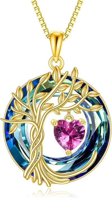 POPLYKE Mothers Day Gifts for Mom Her Wife Tree of Life Necklace 925 Sterling Silver Birthstone Pendant with Crystal Anniversary Birthday Wedding Jewelry for Women